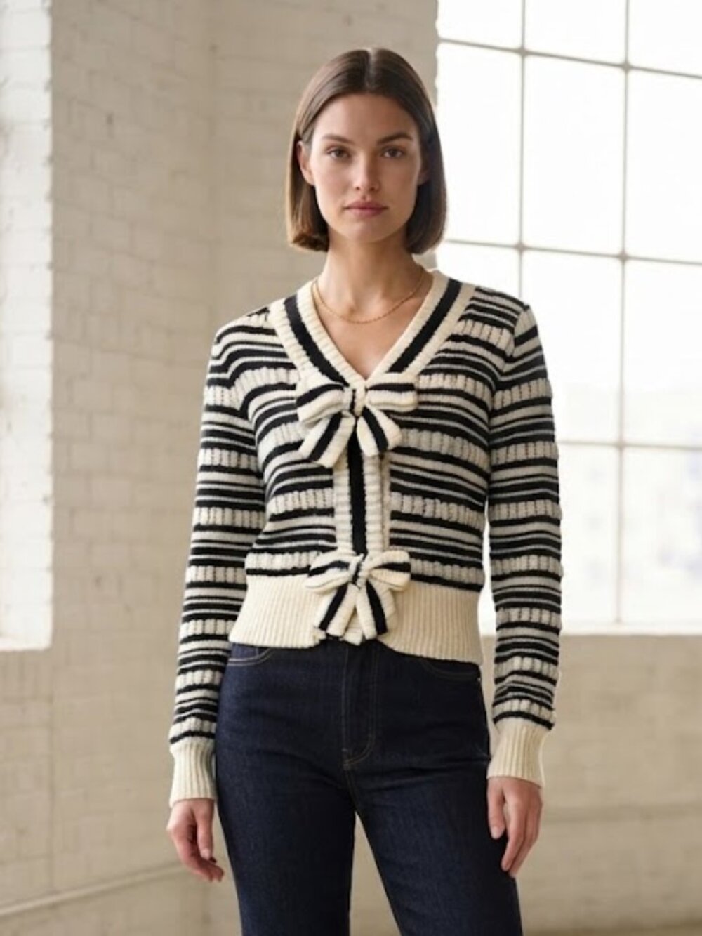 Black Cream Size Small Open Knit Sweater Snap Front Cardigan Bows Twee Coquette